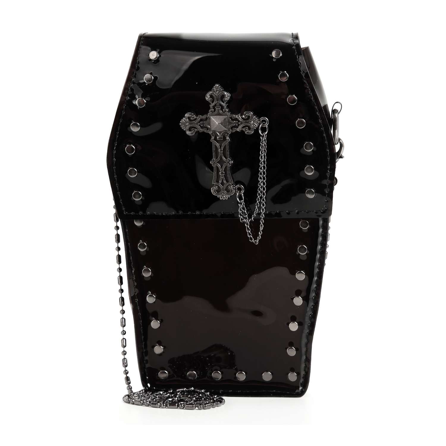The Coffin Design Cross Accented Clear Petite Bag is a black, coffin-shaped handbag with a glossy finish, metal studs, silver cross and chain accents on the front, plus a silver chain strap—an edgy clear crossbody accessory.