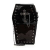 The Coffin Design Cross Accented Clear Petite Bag is a black, coffin-shaped handbag with a glossy finish, metal studs, silver cross and chain accents on the front, plus a silver chain strap—an edgy clear crossbody accessory.