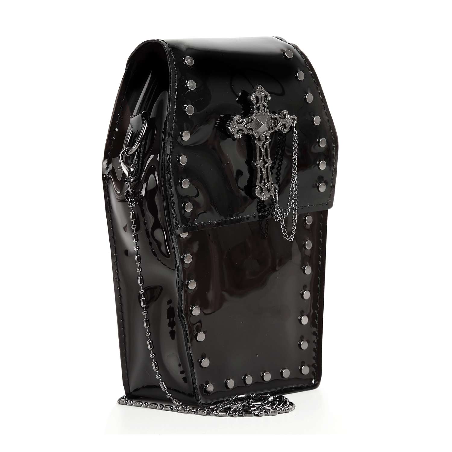 The Coffin Design Cross Accented Clear Petite Bag features a glossy black coffin shape, silver studs, a metal cross, and chain strap—offering gothic style and edgy details for unique statement accessorizing or special events.