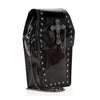 The Coffin Design Cross Accented Clear Petite Bag features a glossy black coffin shape, silver studs, a metal cross, and chain strap—offering gothic style and edgy details for unique statement accessorizing or special events.