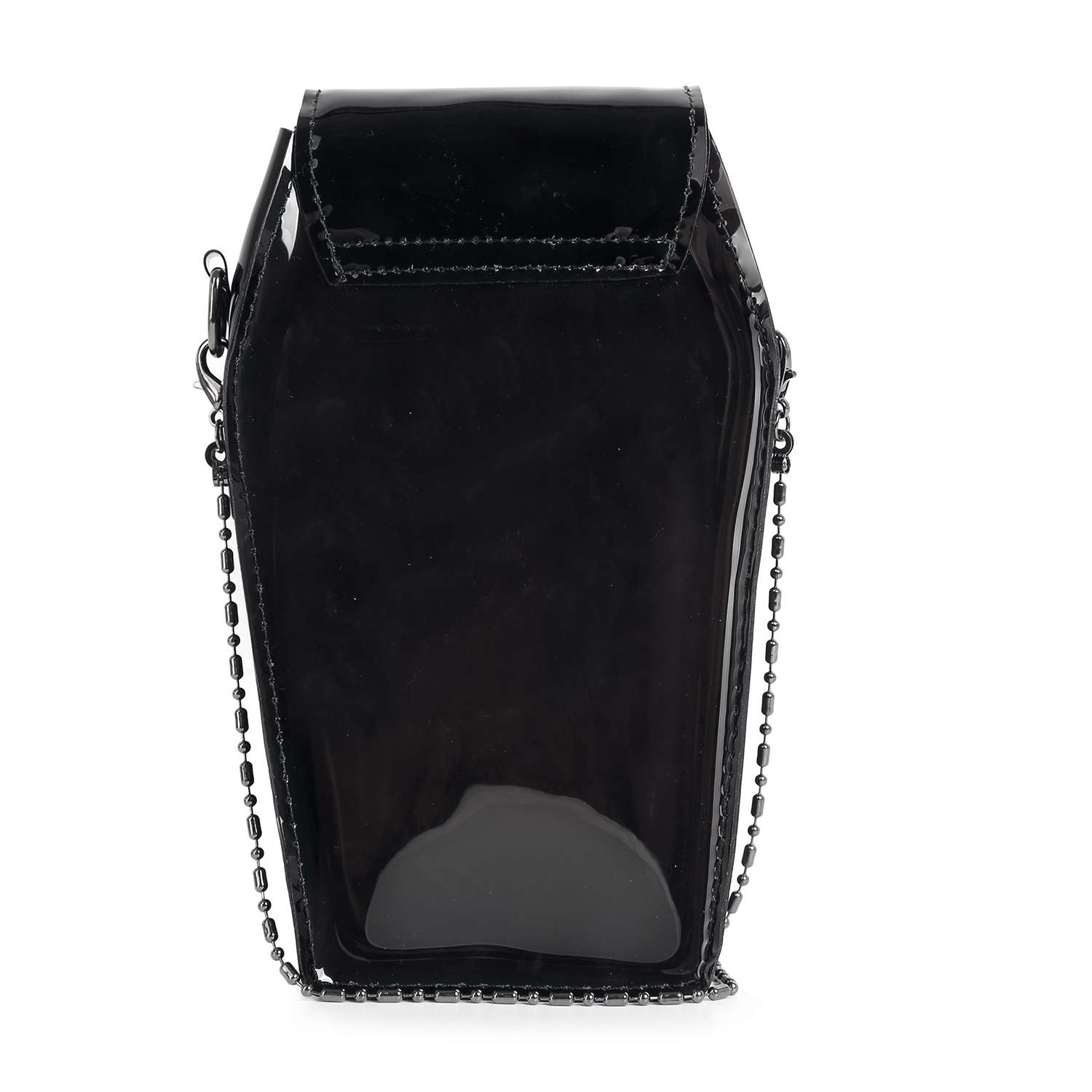 A clear petite bag with a black coffin design, cross accents, glossy finish, and metal chain strap is displayed upright against a white background.