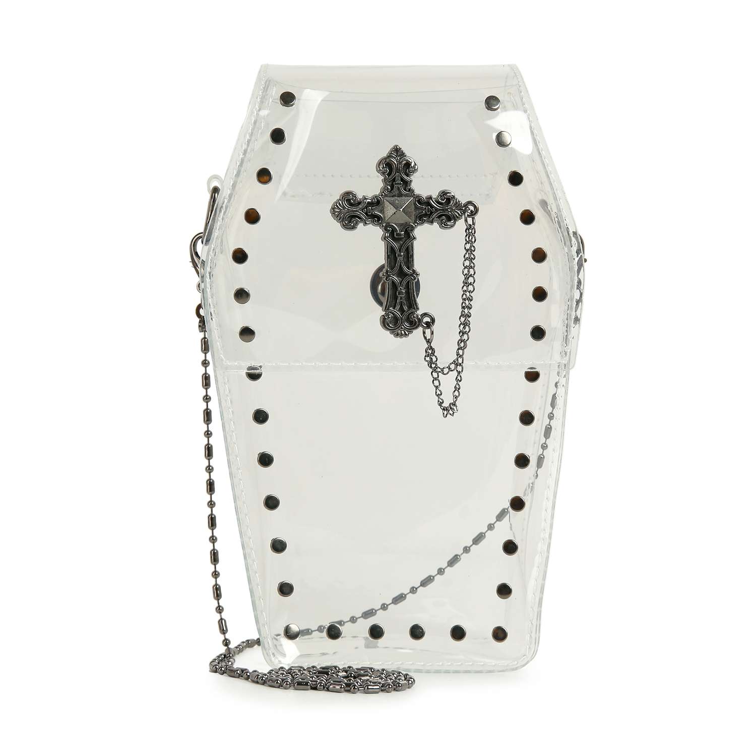 The Coffin Design Cross Accented Clear Petite Bag features a coffin shape with black studded edges, a metal chain strap, and a silver cross accent. Stadium approved and perfect for gothic style.