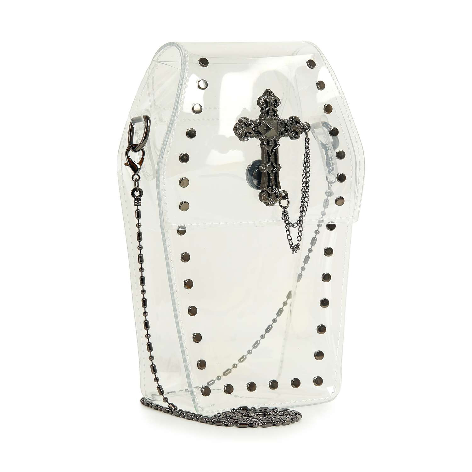 The Coffin Design Cross Accented Clear Petite Bag is a stadium-approved, clear crossbody with a unique coffin shape, edgy metal studs, a black metal cross front accent, and a long metal chain strap.