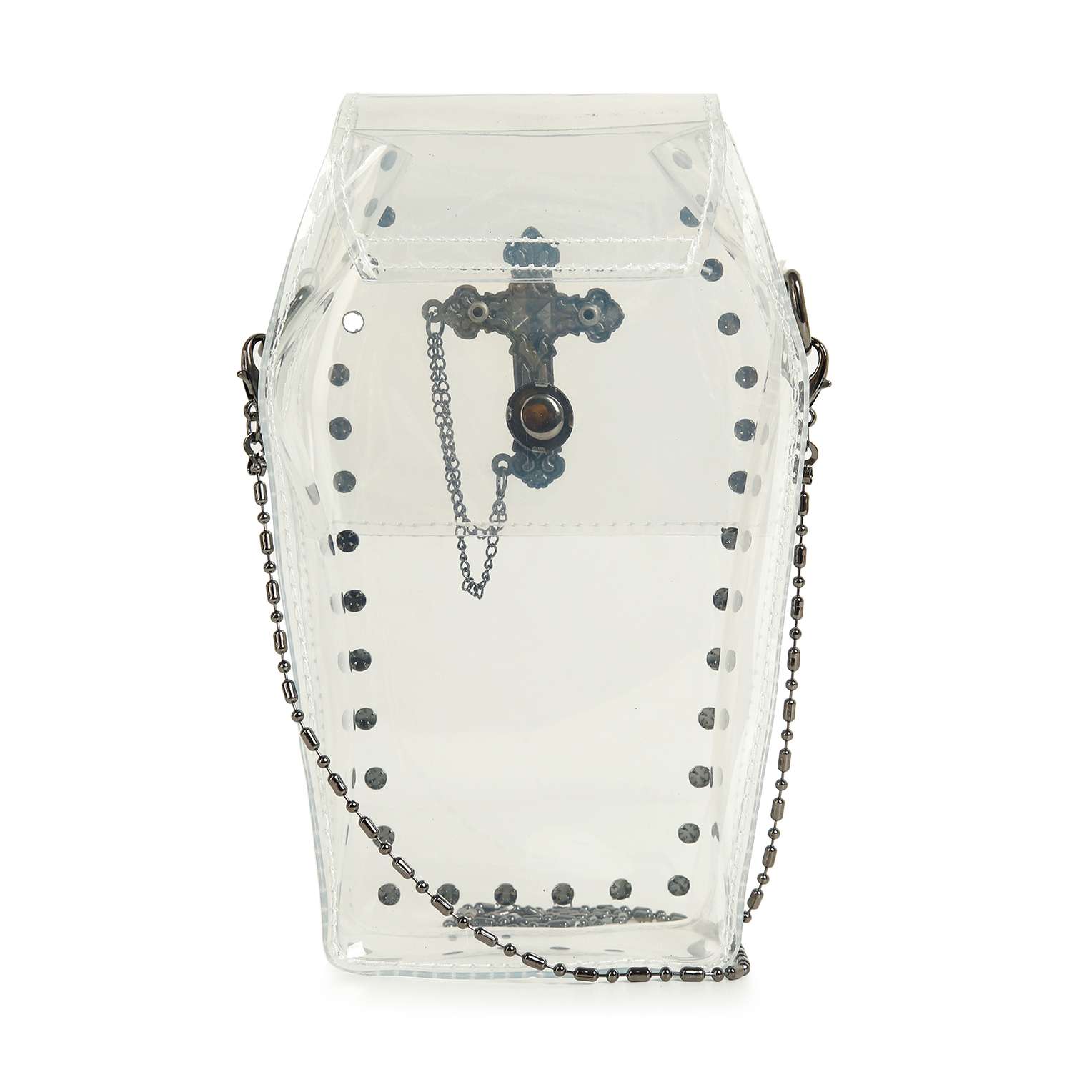 The Coffin Design Cross Accented Clear Petite Bag features a transparent coffin shape, metal rivets, a black chain cross decoration on the front, and a metal chain strap. It’s stadium approved for events.