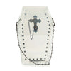The Coffin Design Cross Accented Clear Petite Bag features a transparent coffin shape, metal rivets, a black chain cross decoration on the front, and a metal chain strap. It’s stadium approved for events.