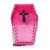 The Coffin Design Cross Accented Clear Petite Bag features a pink, transparent material, black studded edges, a cross with chain accent on the front, and a metal chain shoulder strap—perfectly stadium approved.