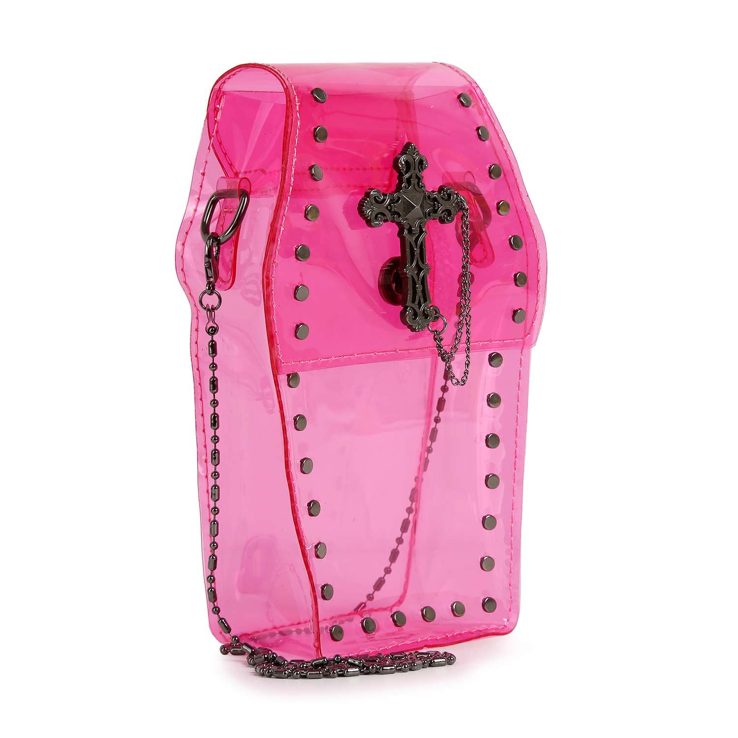The Coffin Design Cross Accented Clear Petite Bag is a pink, stadium-approved coffin-shaped handbag made of transparent material, featuring black studs and a cross with chain on the front, plus a long black chain strap for crossbody wear.