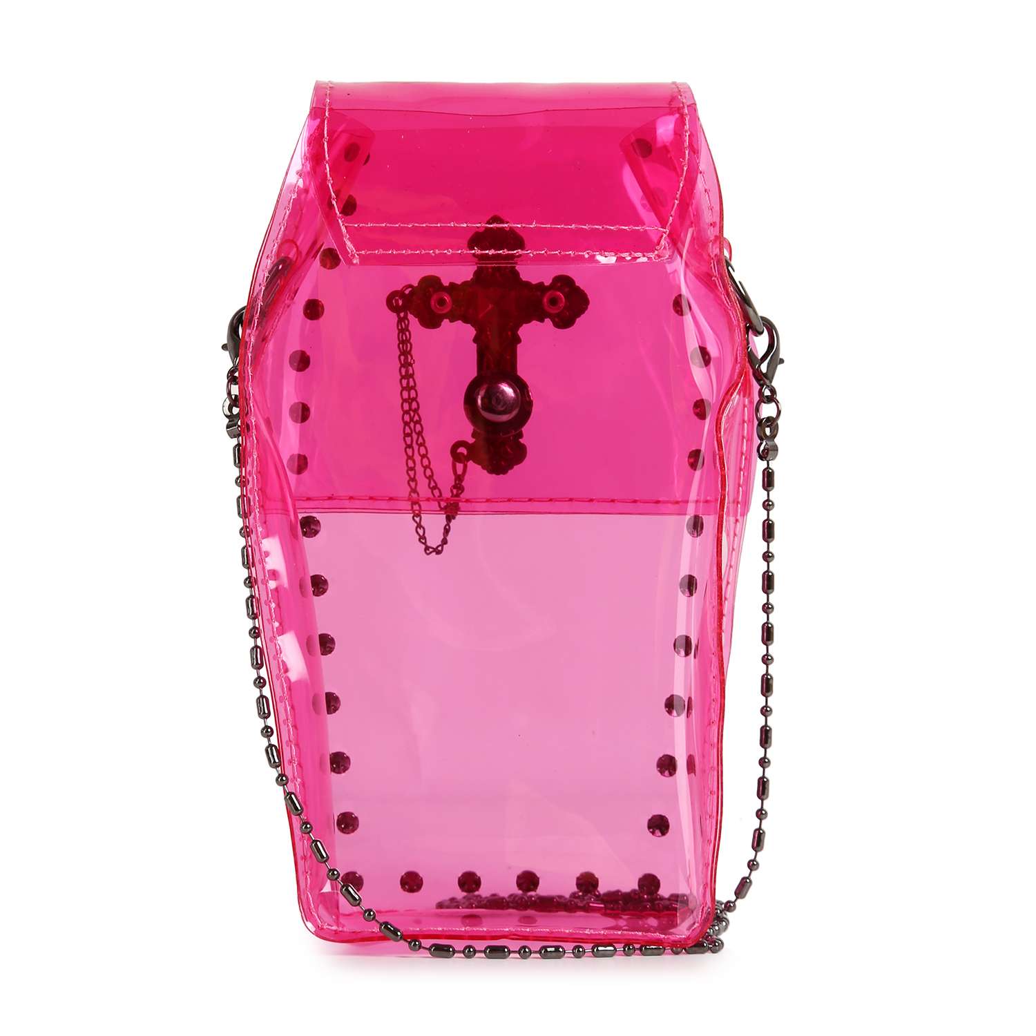 The Coffin Design Cross Accented Clear Petite Bag is a bright pink, coffin-shaped crossbody with a black chain strap and front cross detail; stadium approved for standout style at any event.