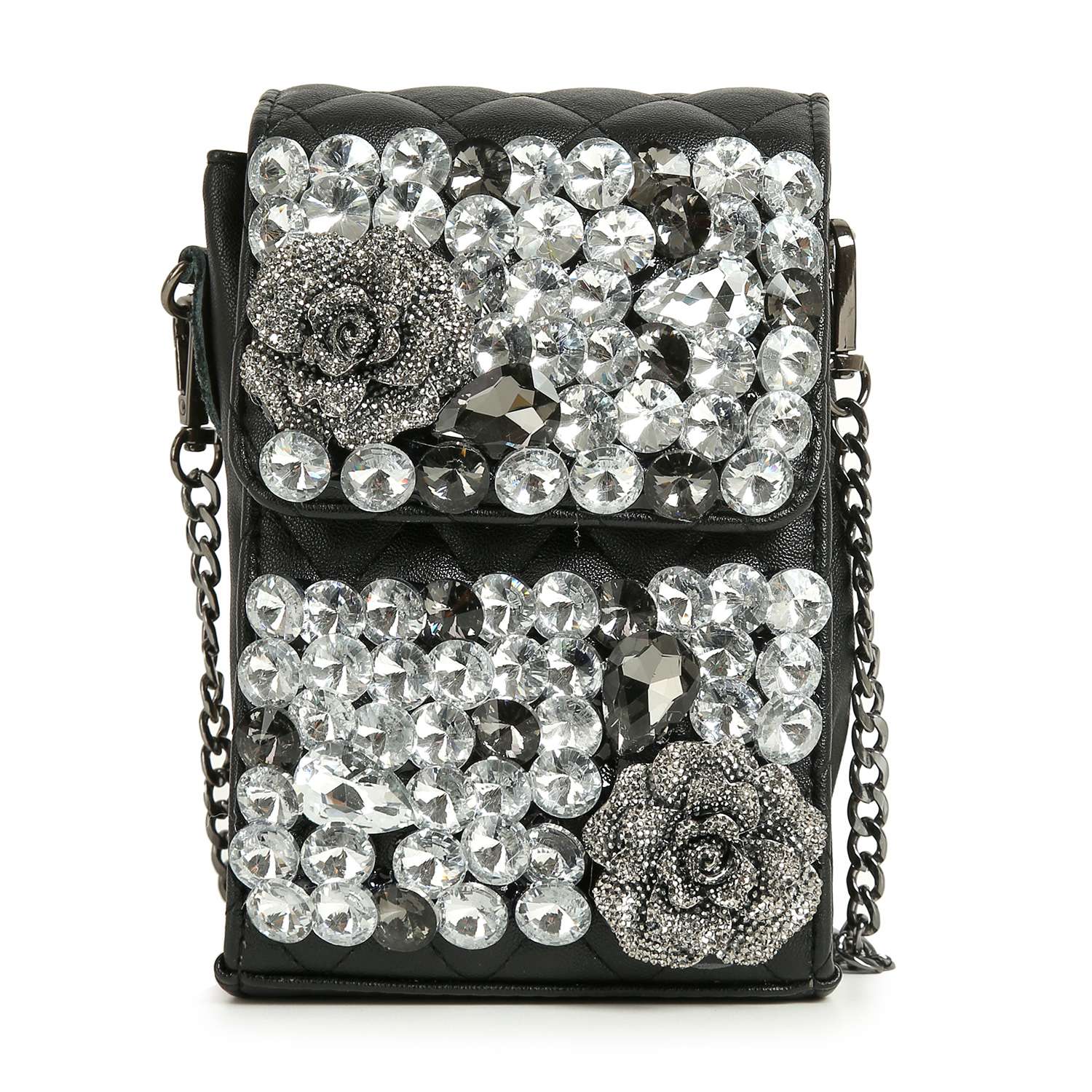 The Large Rhinestone Flower Design Ultra Petite Crossbody is a small black faux leather bag with silver hardware, a metal chain strap, large clear gemstones, and two silver beaded flower accents on the front.