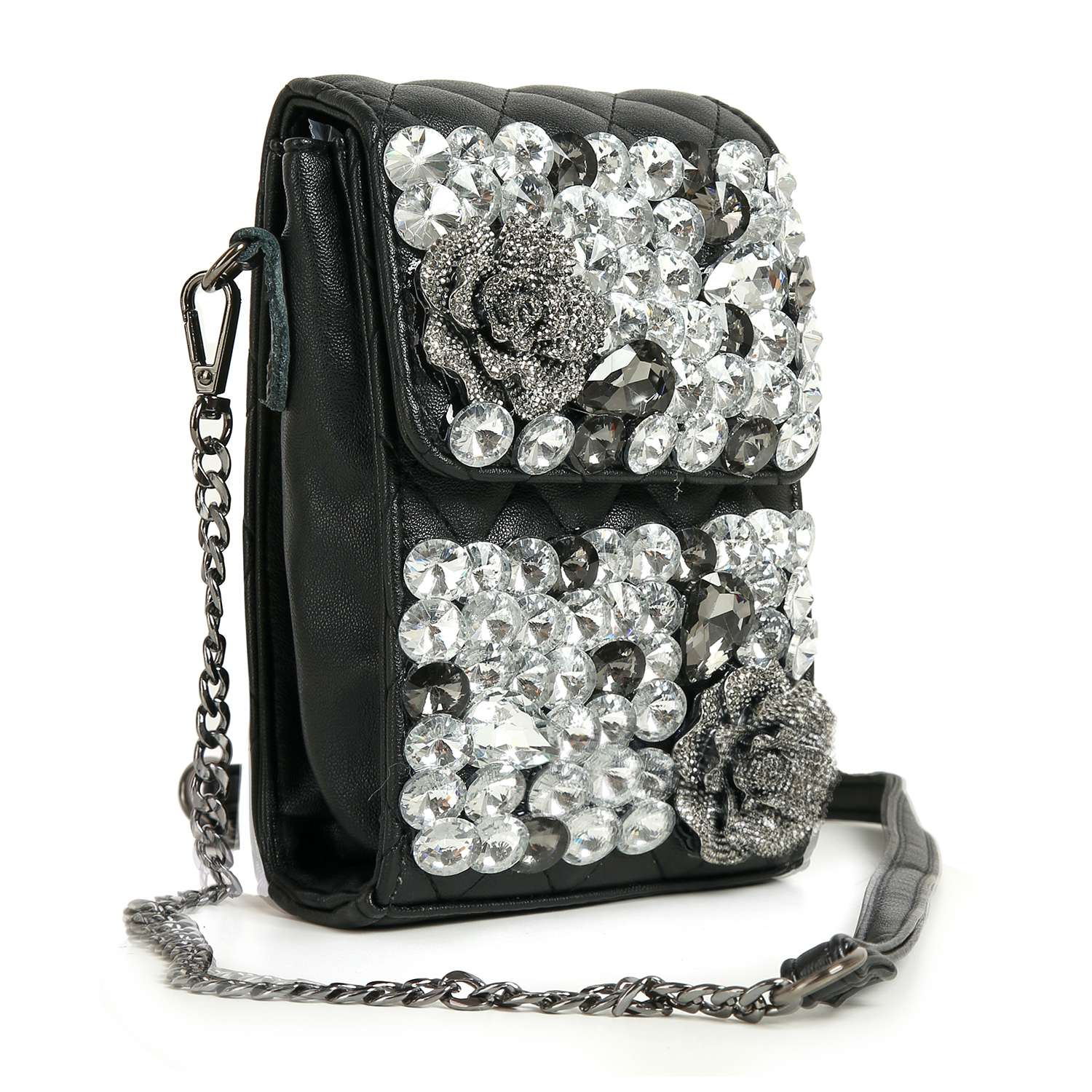 The Large Rhinestone Flower Design Ultra Petite Crossbody is a black quilted faux leather bag with a chain strap, large clear rhinestones, silver floral designs on the front, and silver-toned hardware for an elegant touch.