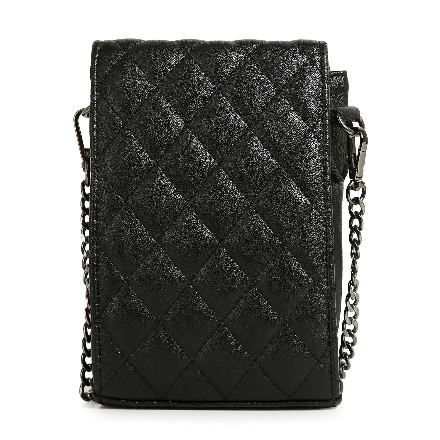 The Large Rhinestone Flower Design Ultra Petite Crossbody, a black quilted faux leather bag with a flap closure, silver-toned hardware, and a dark metal chain strap, is displayed against a white background.