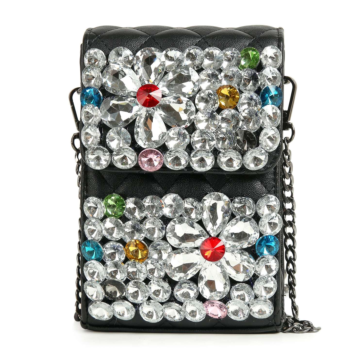 The Large Rhinestone Flower Design Ultra Petite Crossbody is a small black quilted faux leather handbag featuring a chain strap, silver-toned hardware, sparkling rhinestones, and colorful gem-like flower embellishments on the front.