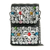The Large Rhinestone Flower Design Ultra Petite Crossbody is a small black quilted faux leather handbag featuring a chain strap, silver-toned hardware, sparkling rhinestones, and colorful gem-like flower embellishments on the front.