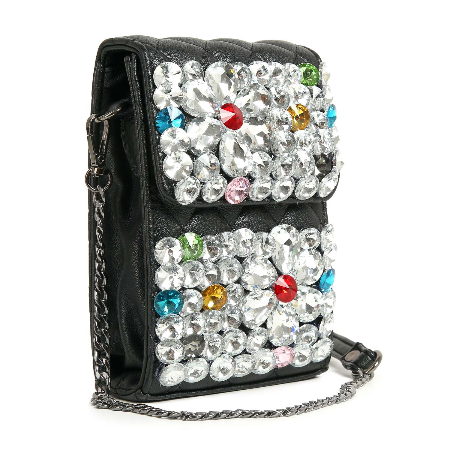 The Large Rhinestone Flower Design Ultra Petite Crossbody is a small black faux leather handbag embellished with colorful gemstones and clear rhinestones, featuring a flap closure, silver-tone hardware, and a chic silver chain strap.