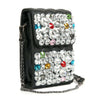 The Large Rhinestone Flower Design Ultra Petite Crossbody is a small black faux leather handbag embellished with colorful gemstones and clear rhinestones, featuring a flap closure, silver-tone hardware, and a chic silver chain strap.