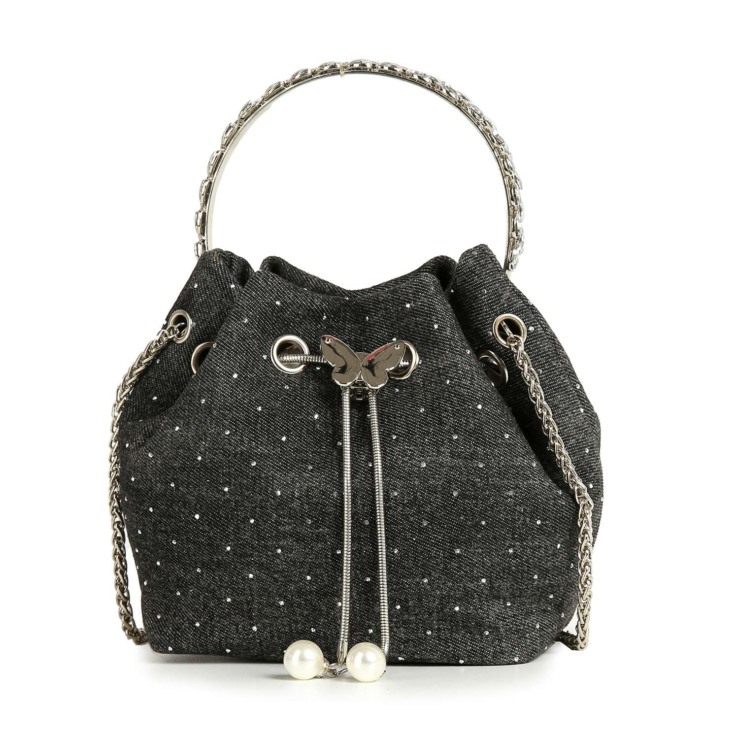 The Denim Tiny Stone Accented Drawstring Bag is a small black crossbody purse with a chain handle, silver butterfly detail, and two faux pearl beads on the drawstring ends.