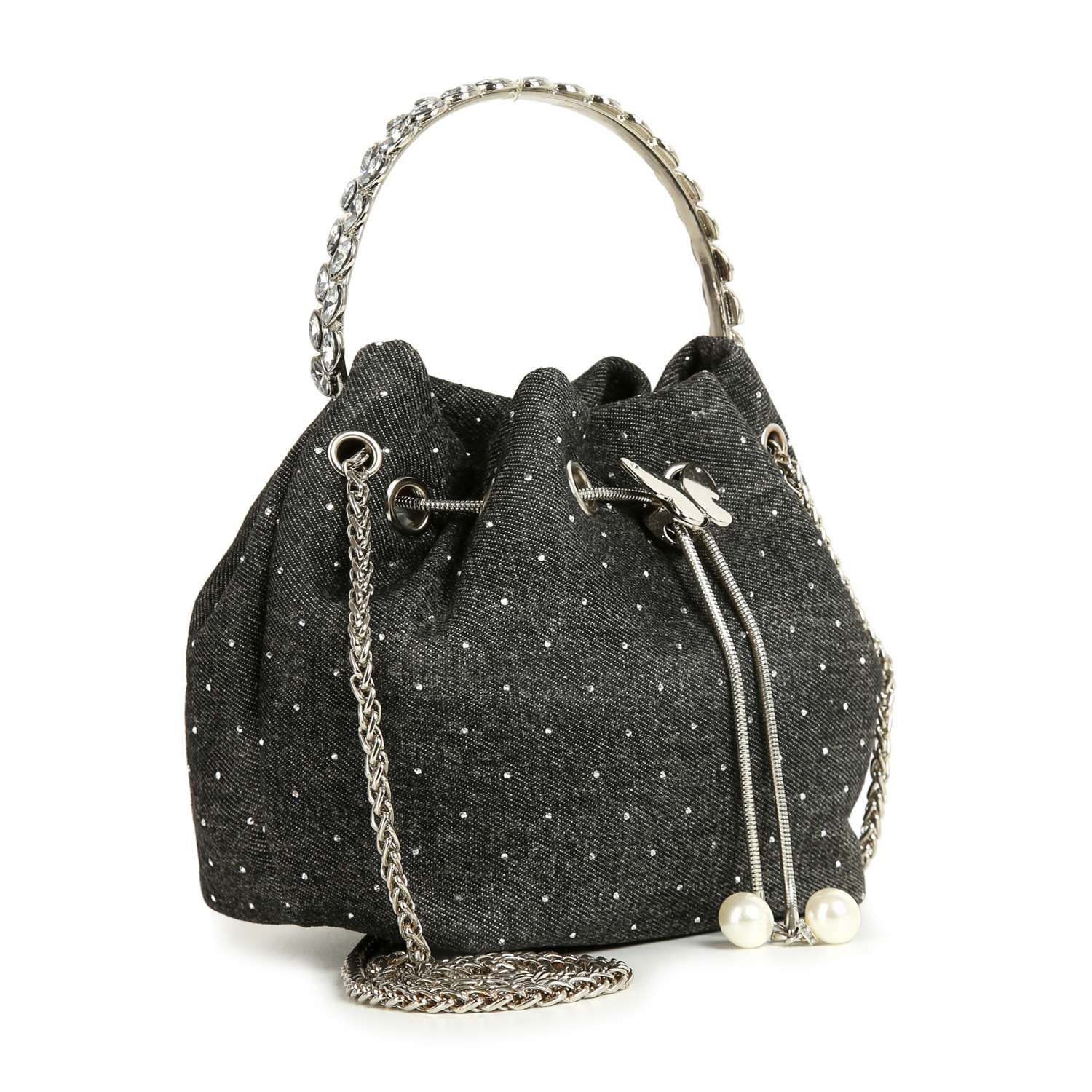 The Denim Tiny Stone Accented Drawstring Bag features a black crossbody style with white polka dots, silver chain handle and shoulder strap, plus pearl accents on the drawstring ends.