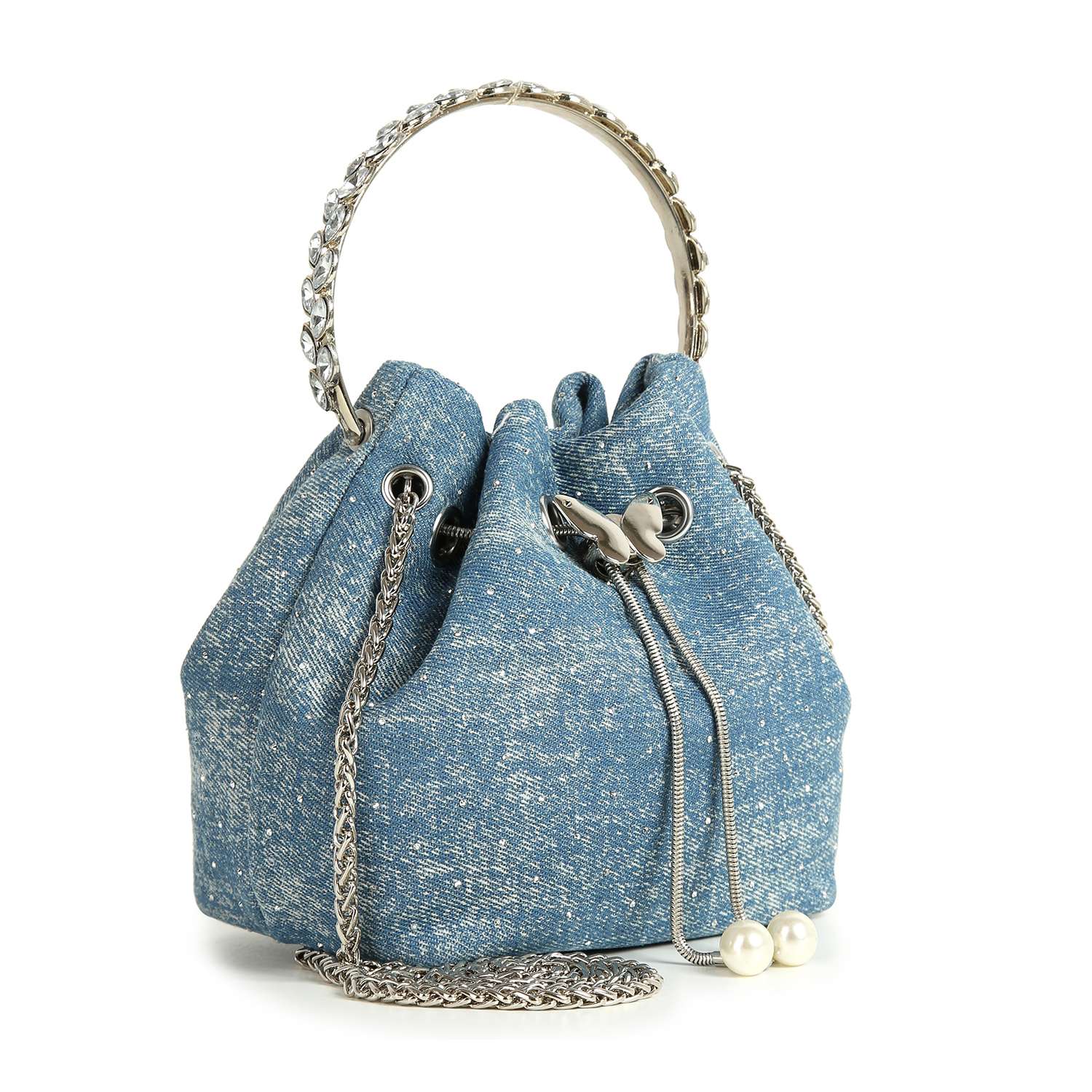 The Denim Tiny Stone Accented Drawstring Bag features a chic blue denim design, silver chain strap, round metal handle, and pearl-like accents—perfect as a crossbody purse for effortless style.