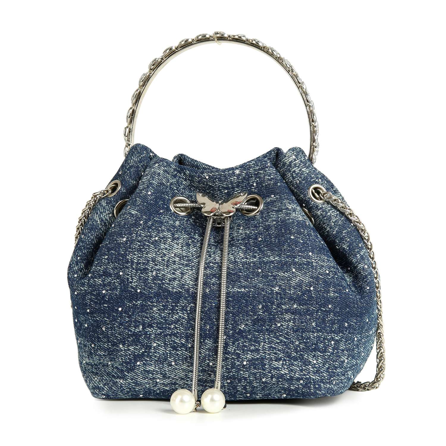 The Denim Tiny Stone Accented Drawstring Bag features a blue denim design, silver chain handle, metal bird accent, and pearl-like bead details—perfect as a chic crossbody purse for casual outings.