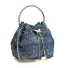 The Denim Tiny Stone Accented Drawstring Bag features a stylish blue denim design with a silver chain handle, metallic accents, and pearl-like beads—making it the perfect chic crossbody purse to elevate any outfit.