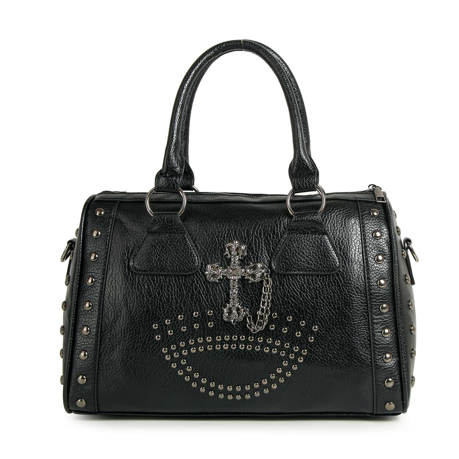 The Cross And Stud Accented Petite Satchel Handbag features black faux leather, silver studs, a bold metal cross, chain detail on the front, double handles, and decorative stud accents along the sides and bottom for an edgy look.