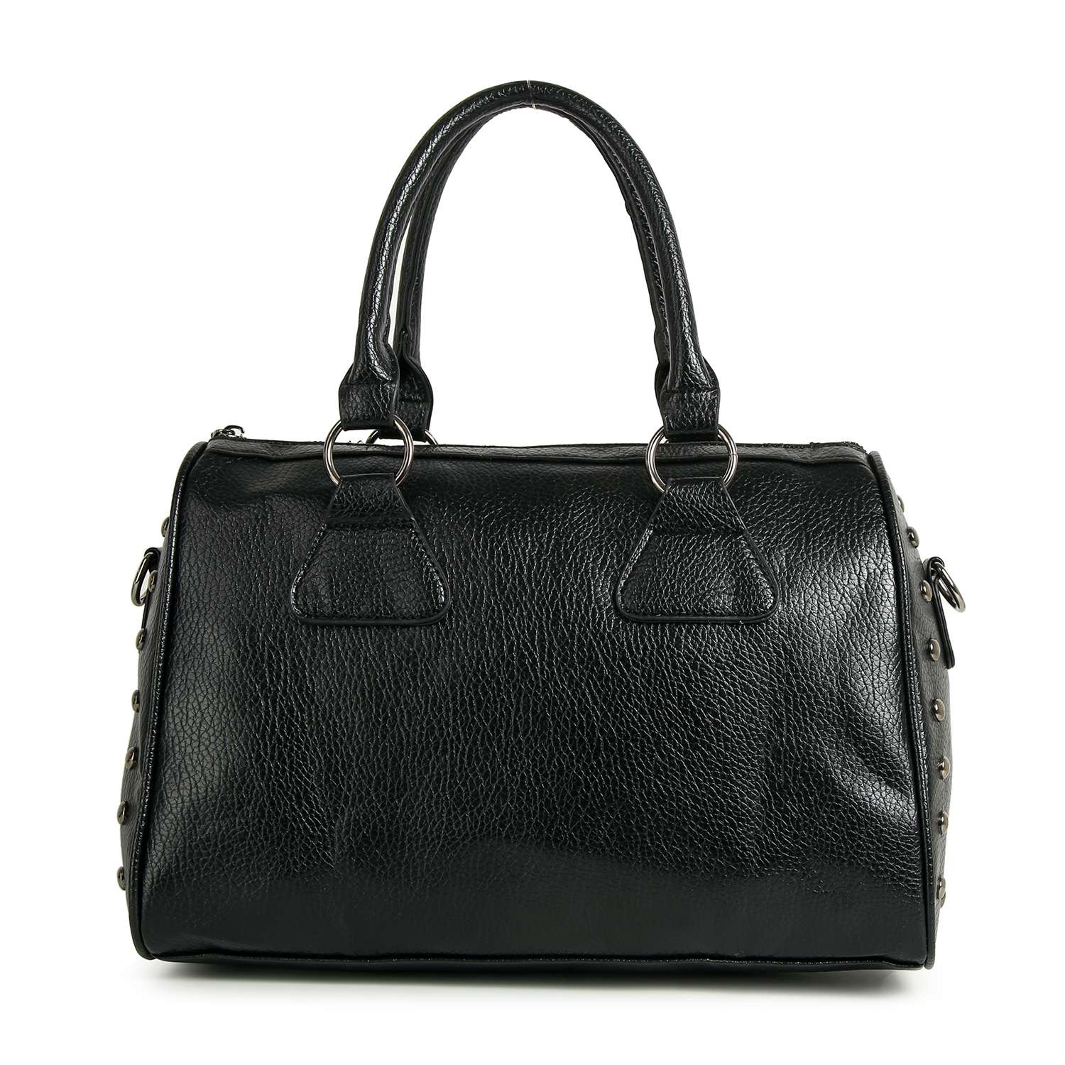 The Cross And Stud Accented Petite Satchel Handbag is a black faux leather bag with double handles and silver studs on the sides, shown against a white background.