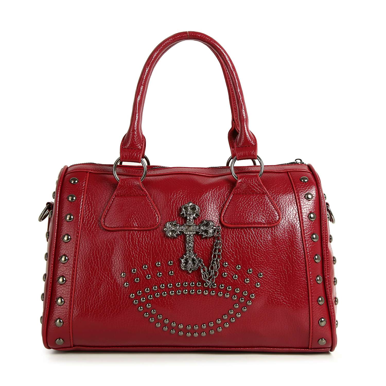 The Cross And Stud Accented Petite Satchel Handbag is a red faux leather bag with silver studs and a cross emblem on the front. It features double handles and a structured rectangular shape, pairing stylish accents with everyday practicality.