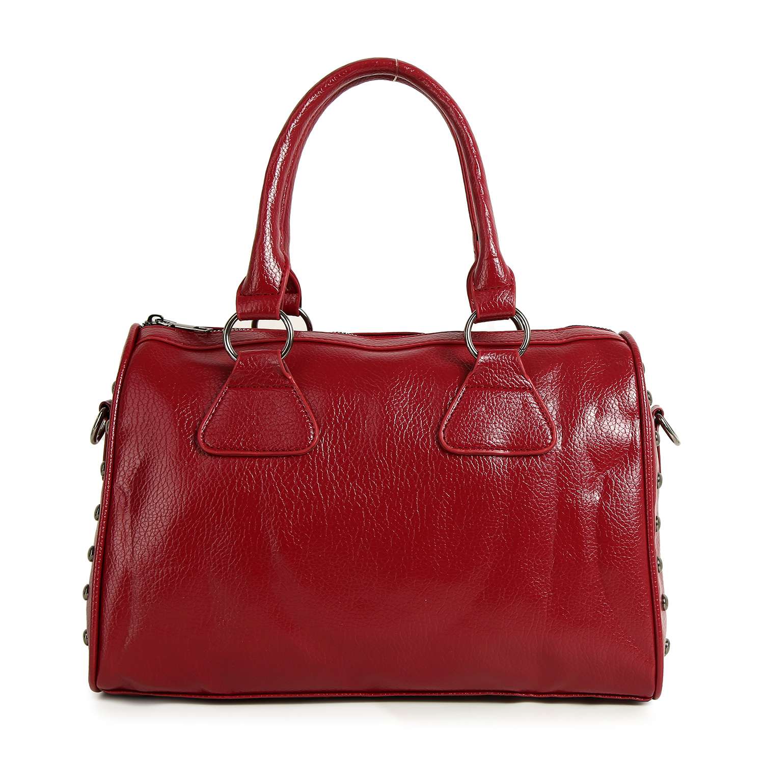 The Cross And Stud Accented Petite Satchel Handbag is a red faux leather bag with double handles, silver hardware, a textured finish, and a structured rectangular shape featuring stylish side details.