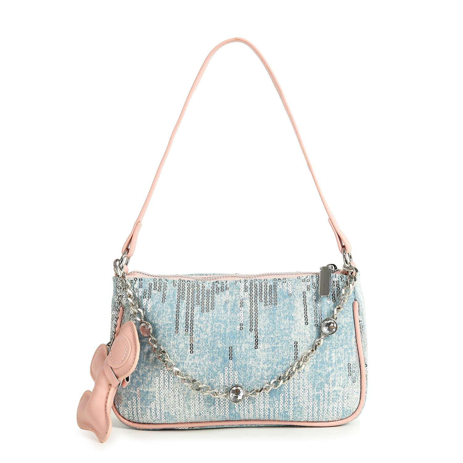 The Denim And Sequin Decorative Hobo is a small, light blue denim sling bag with a silver beaded chain, pink faux leather trim and handle, plus a pink leather dog charm on the side.