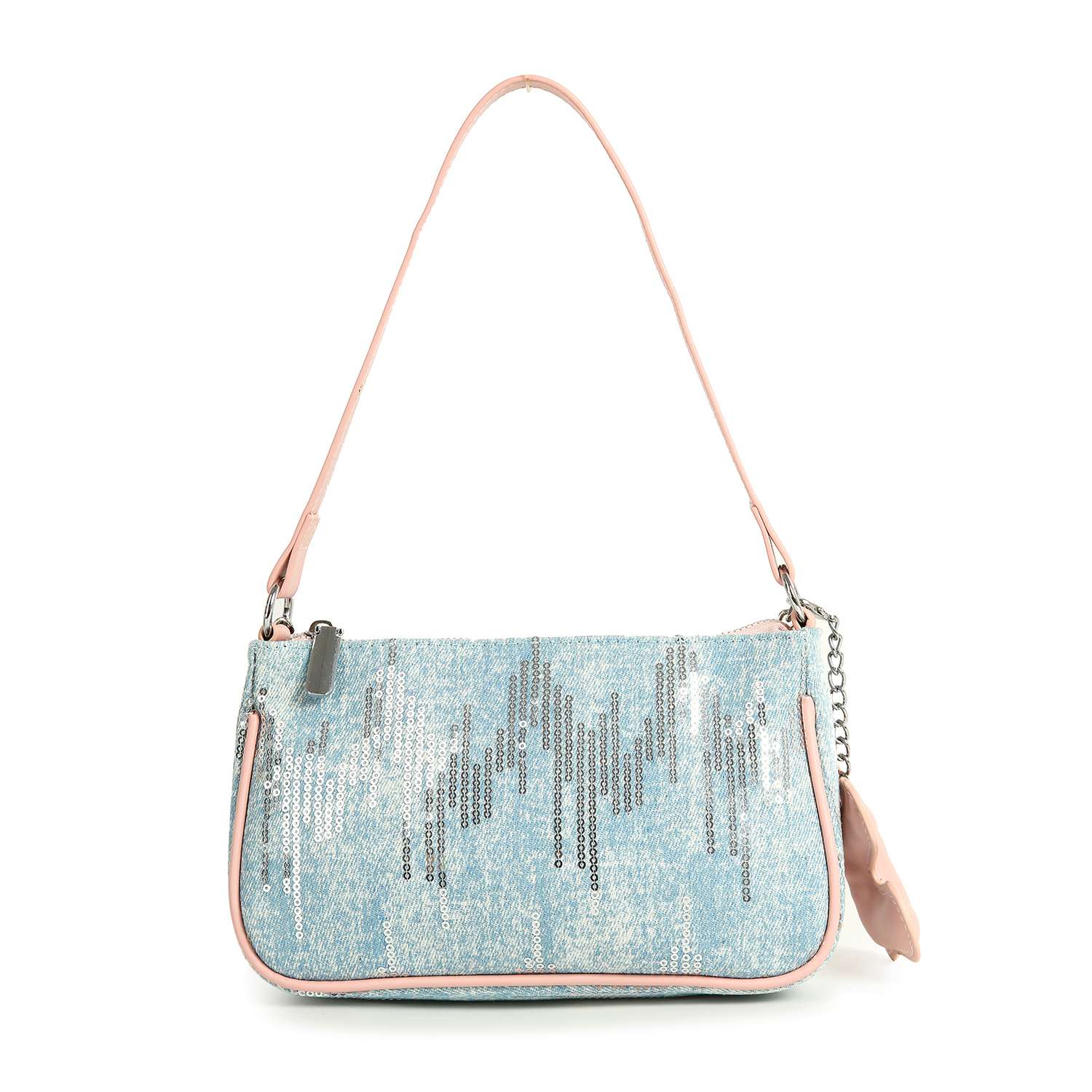 The Denim And Sequin Decorative Hobo is a light blue denim sling bag with a single strap, pink faux leather trim, silver sequin zigzag pattern on the front, and a decorative pink keychain on a silver chain.