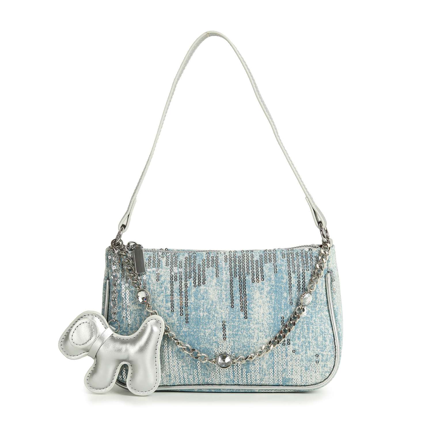 The Denim And Sequin Decorative Hobo is a light blue sequin-covered handbag with a single silver chain strap, silver beads, faux leather trim, and a metallic silver dog-shaped charm on the chain.