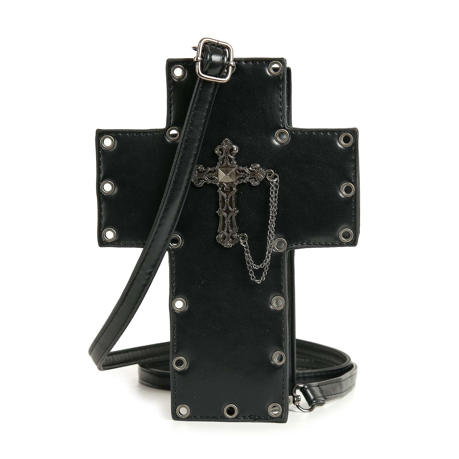 The Decorative Cross Design Crossbody Bag is a black, faux leather cross-shaped bag with metal eyelets, a front decorative metal cross and chain, plus an adjustable strap for comfort.