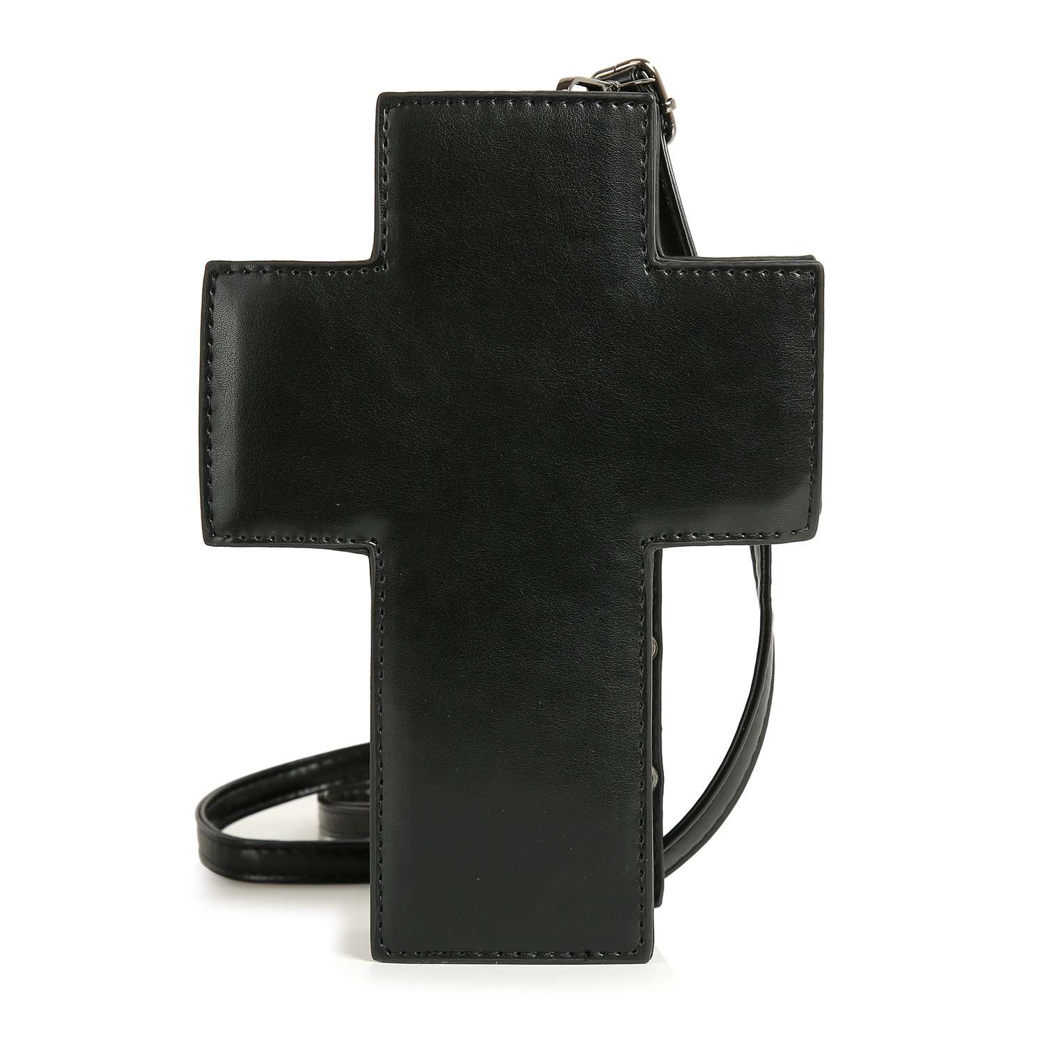 The Decorative Cross Design Crossbody Bag is a black, cross-shaped handbag with an adjustable shoulder strap, crafted from smooth faux leather and shown against a white background.