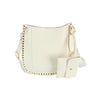 The Studded Slim Crossbody Bag in cream-colored faux leather features gold stud accents, gold-tone hardware, a wide adjustable strap, and a matching detachable pouch with snap button closure, shown on a white background.