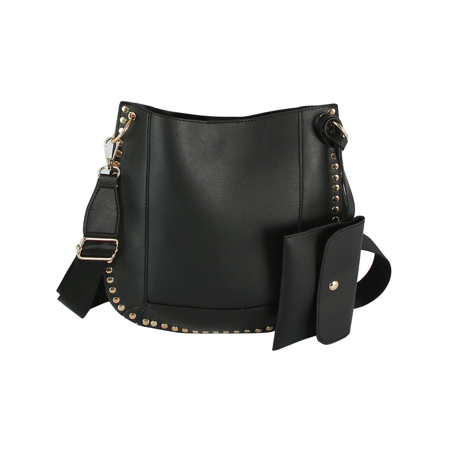 The Studded Slim Crossbody Bag features black faux leather, gold-toned hardware, and gold studs along the edges. Includes a wide adjustable shoulder strap and a matching detachable snap-closure pouch.