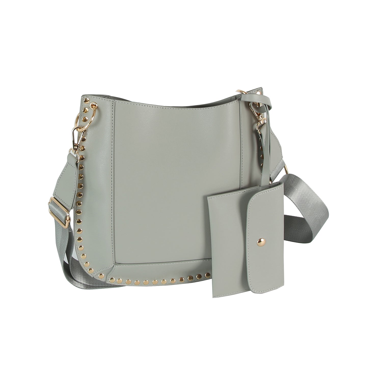 The Studded Slim Crossbody Bag is a light gray faux leather shoulder bag with gold studs and hardware. It features a wide adjustable strap, detachable matching pouch, clean lines, and chic metallic accents in a minimalist design.