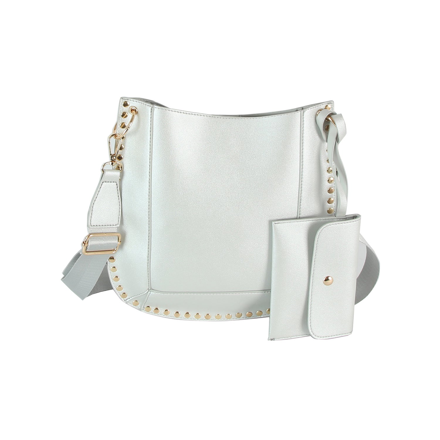 The Studded Slim Crossbody Bag is a light metallic silver faux leather shoulder bag with gold stud accents, an adjustable strap, and a matching detachable pouch. Both pieces feature gold-toned hardware and are shown on a white background.