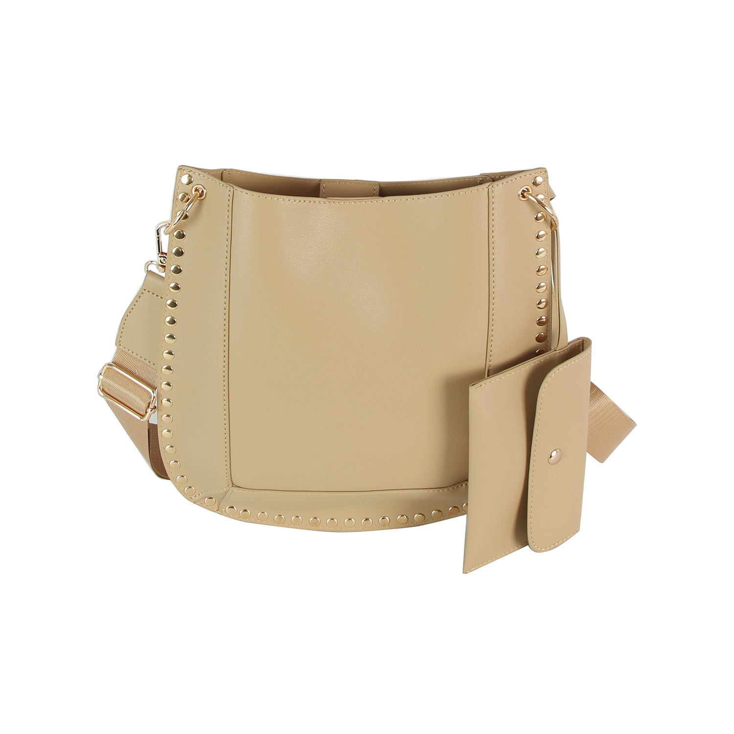 Beige Studded Slim Crossbody Bag crafted from faux leather with gold-toned hardware, an adjustable strap, and a small matching snap-button pouch attached to the side.