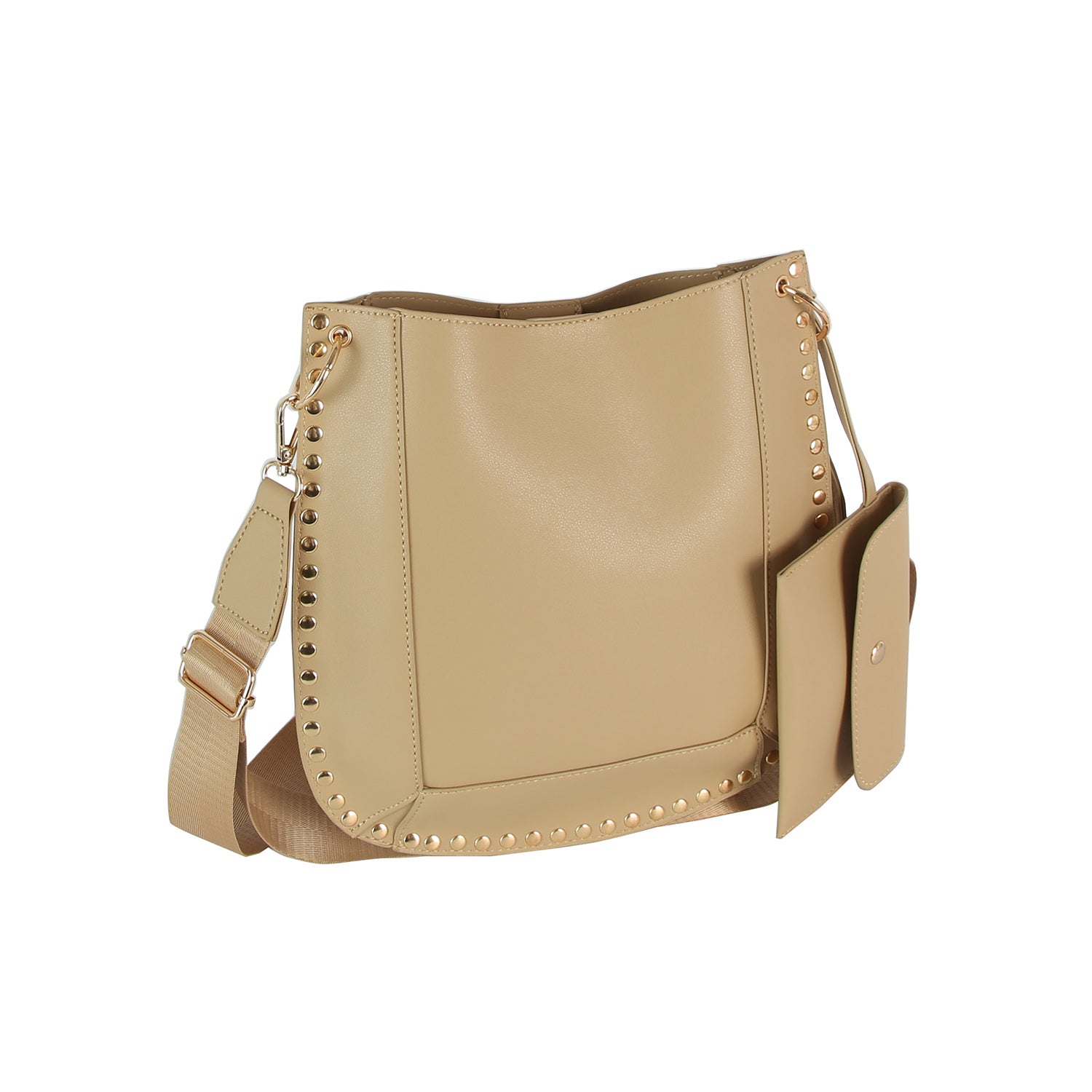 The Studded Slim Crossbody Bag is a beige faux leather shoulder bag with gold studs and hardware, an adjustable strap, and an attached matching pouch, shown against a white background.