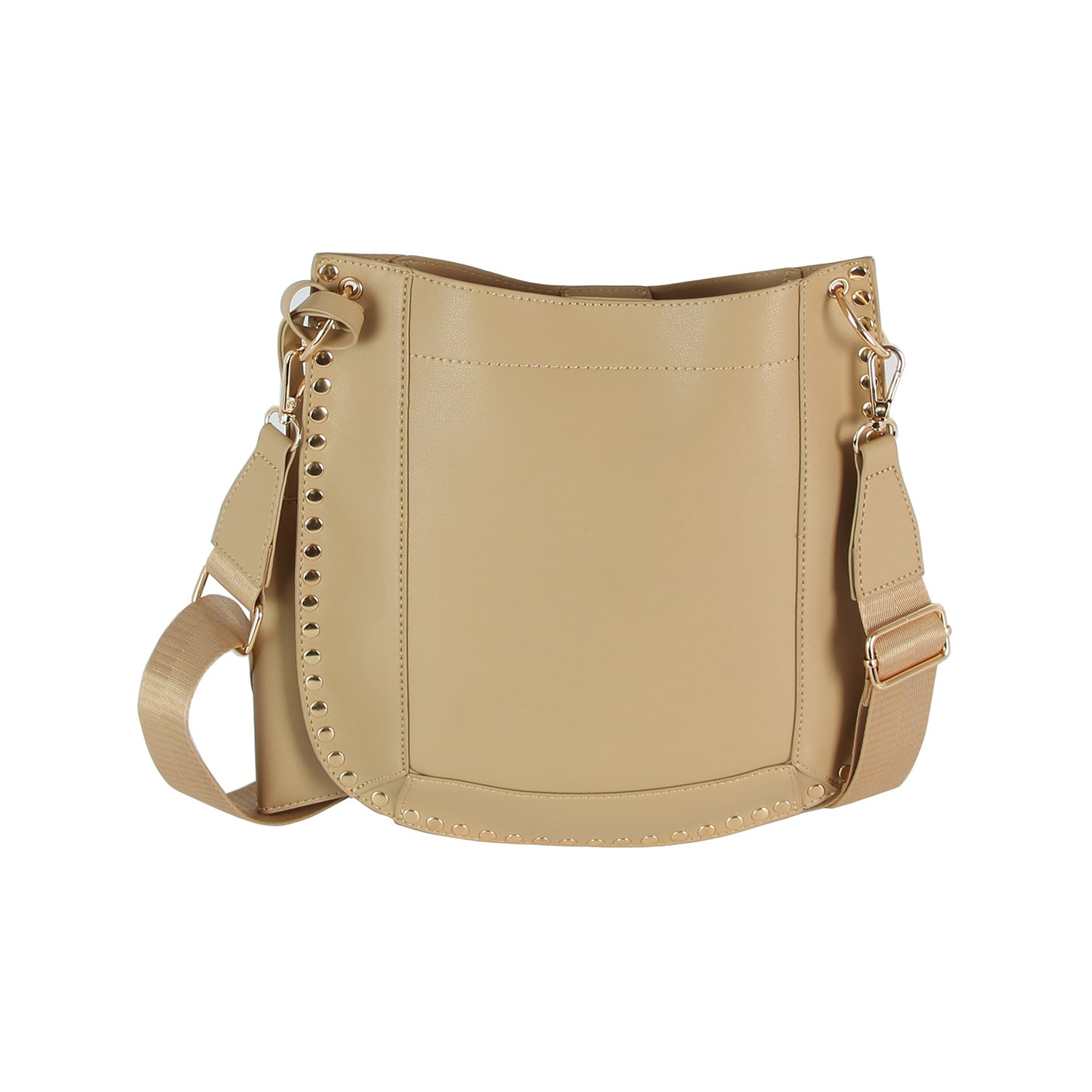 The Studded Slim Crossbody Bag features beige faux leather, gold-toned hardware, edgy studded edges, a front pocket, and a wide adjustable strap.