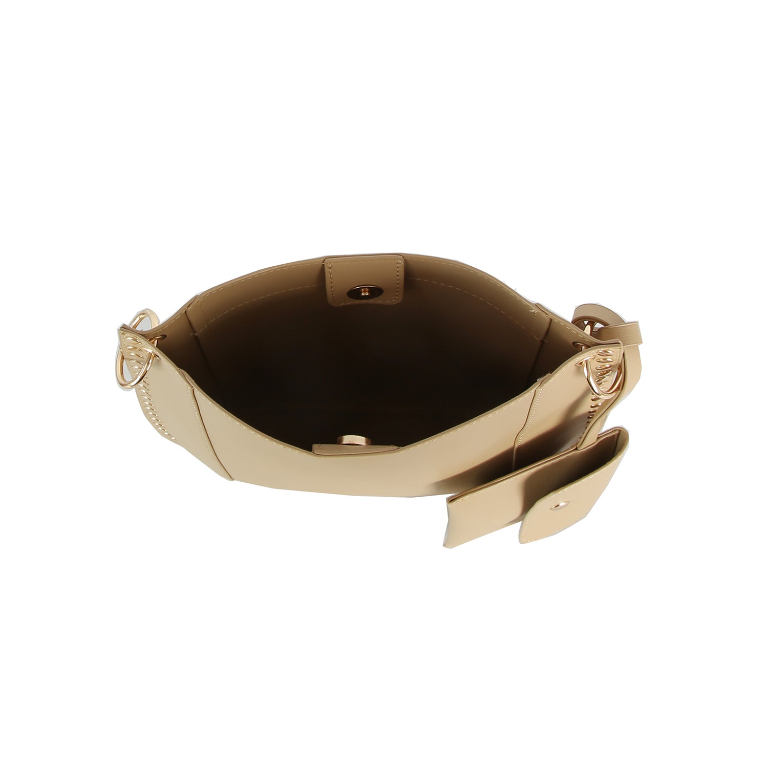 The Studded Slim Crossbody Bag in gold faux leather features an open design with a matching small side pouch, displayed from above on a white background. The interior is empty and clearly visible.