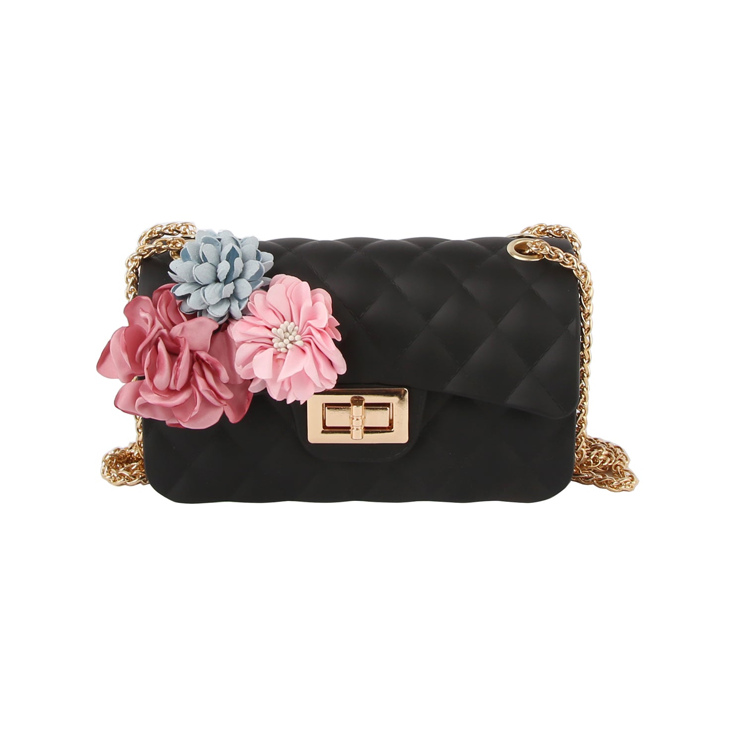 The Floral Accented Petite Jelly Shoulder Bag is a black quilted handbag with a single strap, gold-toned hardware, a twist lock closure, and three fabric flowers—two pink and one light blue—decorating the front left side.