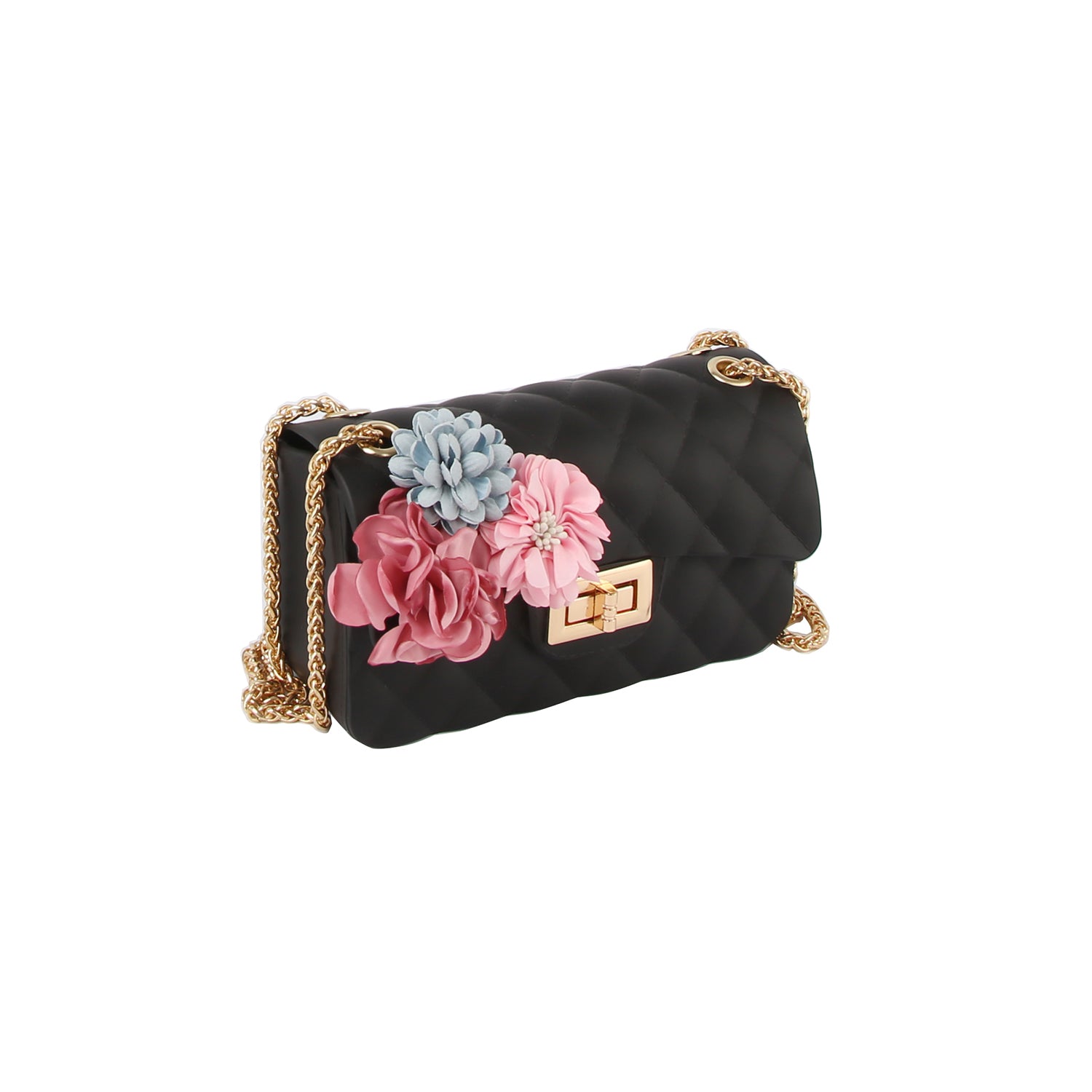 The Floral Accented Petite Jelly Shoulder Bag is a black quilted handbag featuring a single strap, gold-toned hardware, a twist lock closure, and large pink and blue fabric flowers on the front.