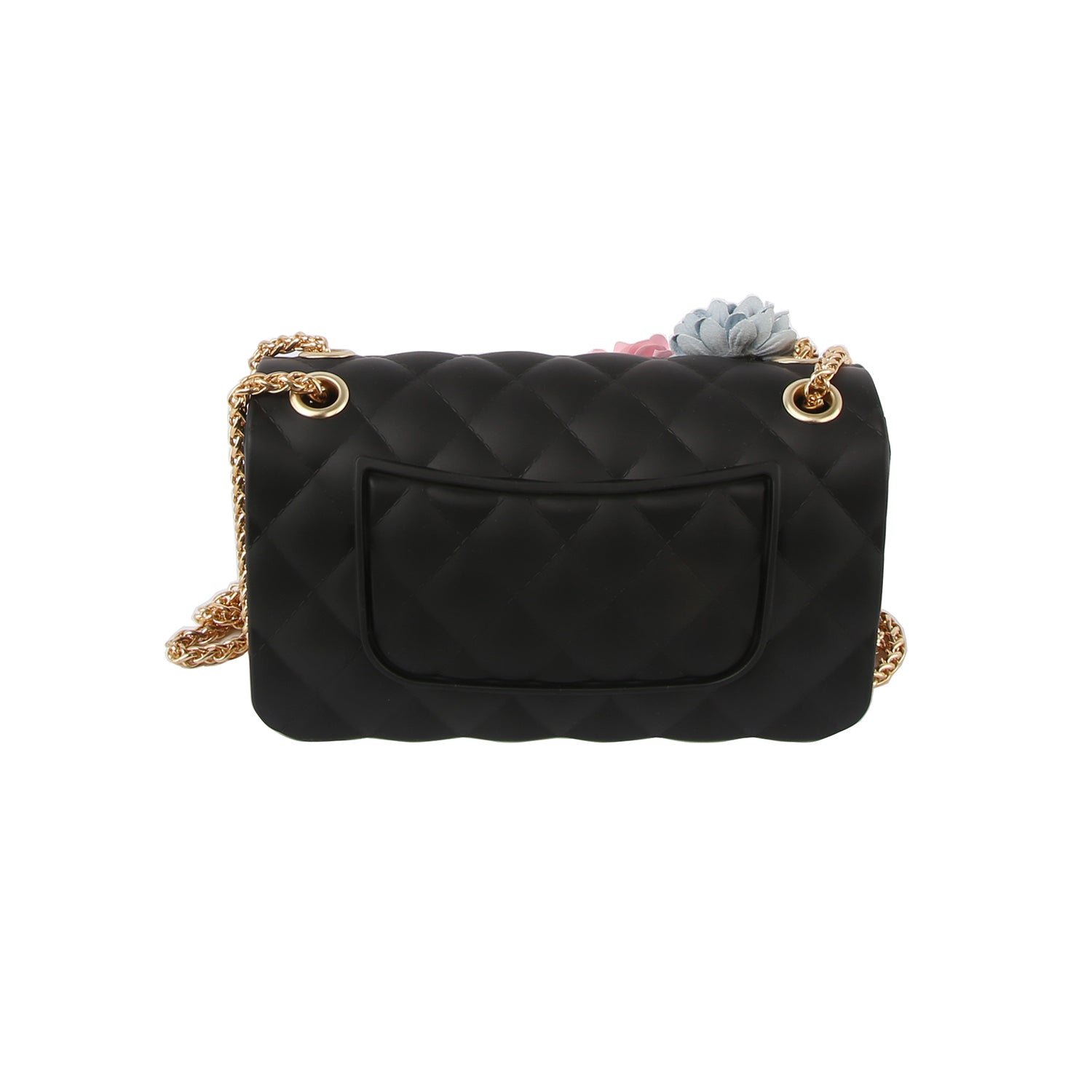 The Floral Accented Petite Jelly Shoulder Bag features a black quilted design, single strap, gold-toned hardware, back pocket, twist lock closure, and decorative flowers on the top right corner.