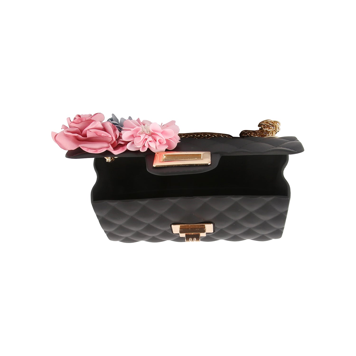 The Floral Accented Petite Jelly Shoulder Bag is a black quilted handbag with gold-tone hardware, a single chain strap, pink and gray floral accents on the flap, a gold clasp closure, and an open interior.