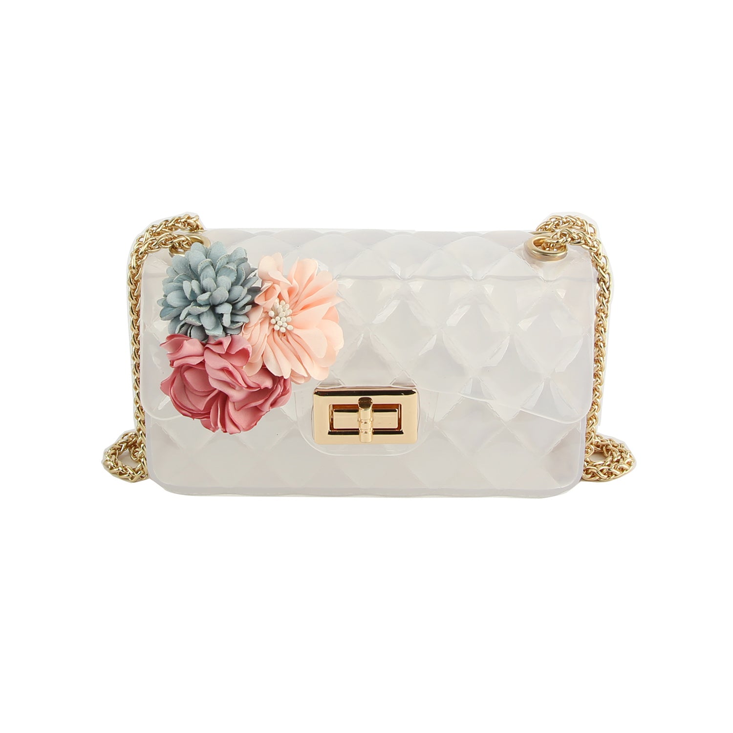 The Floral Accented Petite Jelly Shoulder Bag is a white quilted handbag with a single strap, gold-toned hardware, twist lock closure, and three decorative fabric flowers in pink, peach, and light blue on the front.