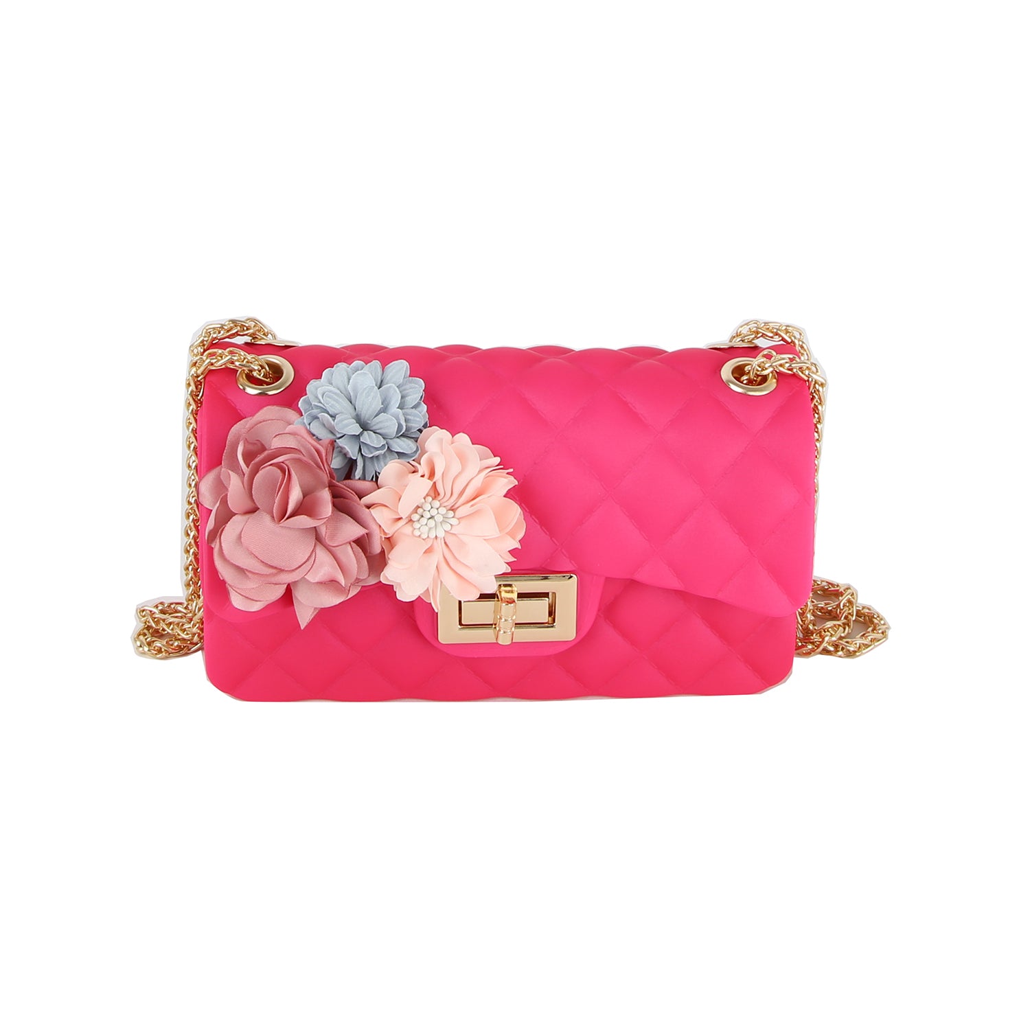 The Floral Accented Petite Jelly Shoulder Bag is a bright pink quilted handbag with a single strap, gold-toned hardware, twist lock closure, and three fabric flowers in pink, blush, and gray on the front.