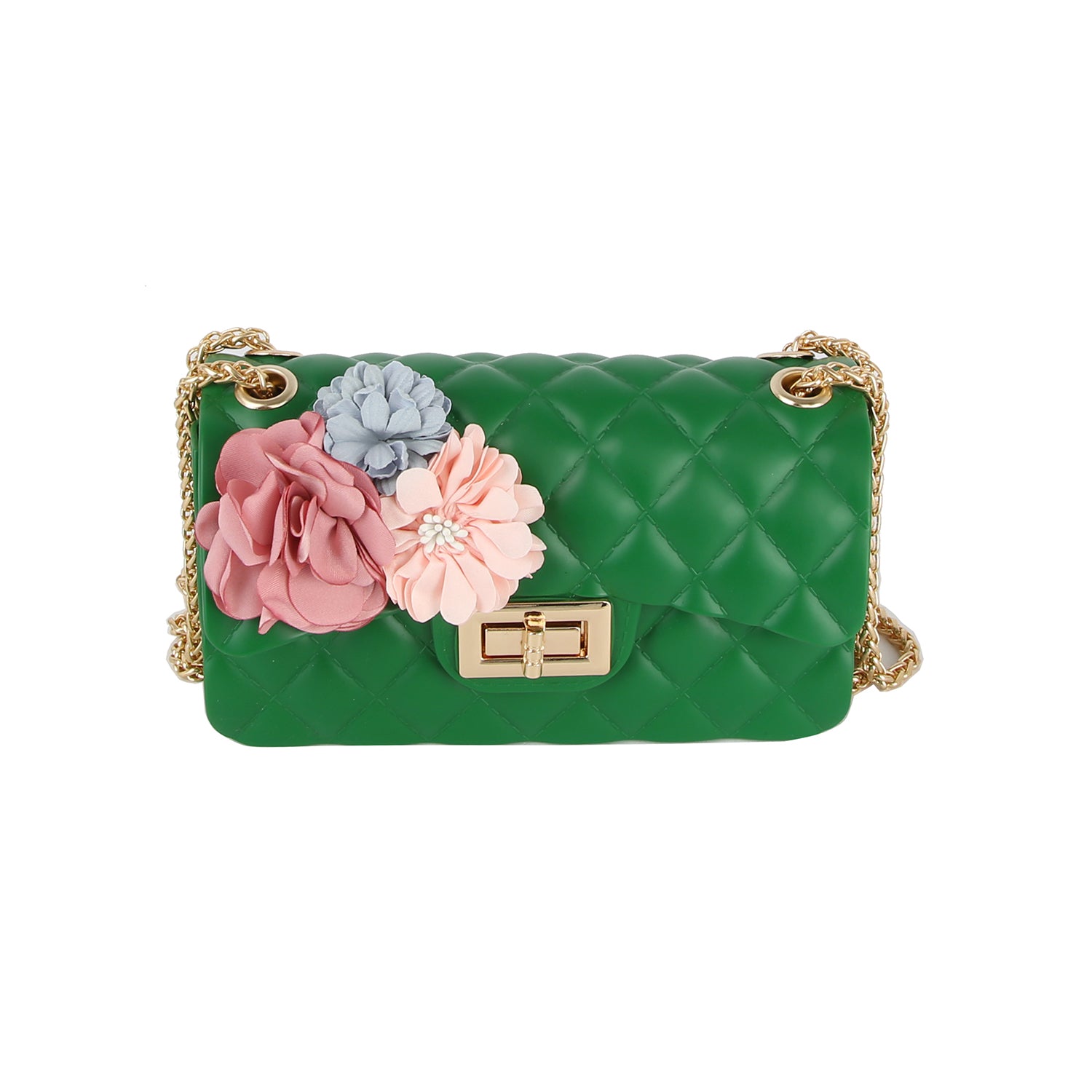The Floral Accented Petite Jelly Shoulder Bag is a small green quilted handbag with a gold-toned chain strap, twist lock closure, and pink, light blue, and cream decorative fabric flowers on the front.