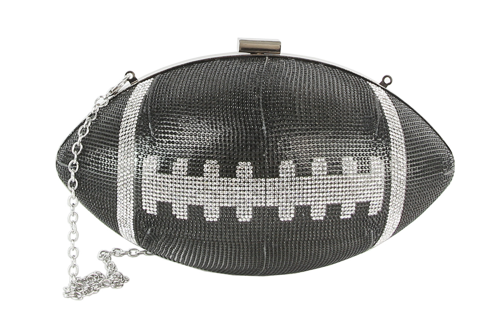 The *FINAL SALE ITEM* Rhinestone Bling Football Bag is a small black clutch with white laces, stripes, and a silver chain strap—perfect for adding sporty style and sparkle to your night out.