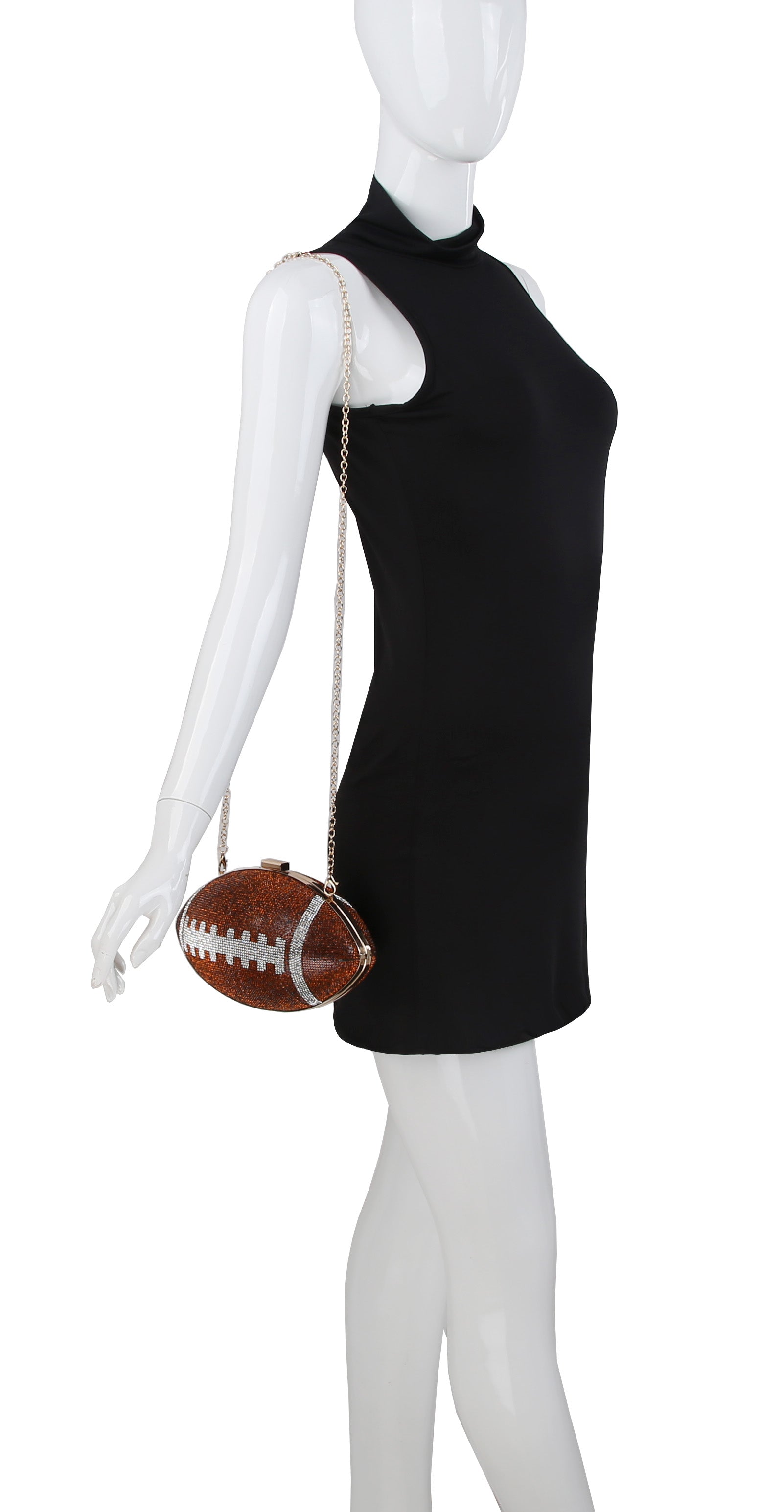 A mannequin in a sleeveless black mini dress displays the *FINAL SALE ITEM* Rhinestone Bling Football Bag, featuring a silver chain strap. Please note all sales are final.
